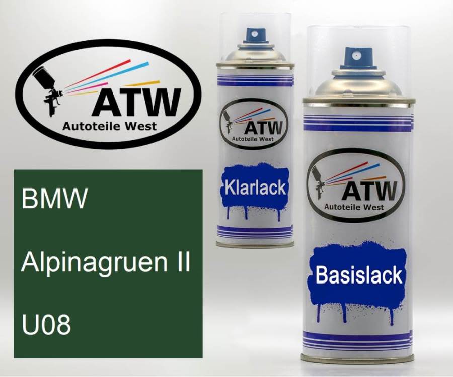 BMW, Alpinagruen II, U08: 400ml Sprühdose + 400ml Klarlack - Set, von ATW Autoteile West.